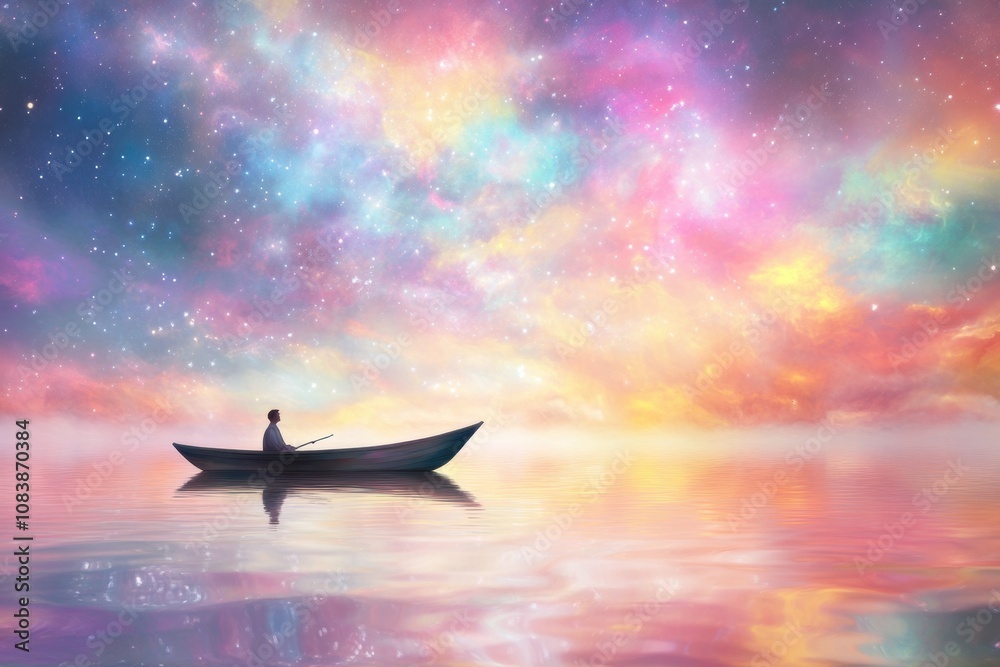 Poster a man in a boat gazes at a colorful sky filled with stars and clouds during twilight
