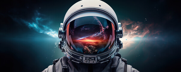 Stunning astronaut helmet reflecting cosmic landscape with vibrant color contrasts and stellar phenomena