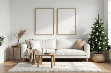 Cozy living room with a couch, beautifully decorated Christmas tree, creating a warm holiday atmosphere