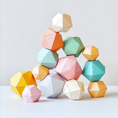 Colorful geometric shapes stacked together, showcasing playful arrangement of polygons and spheres in pastel hues, creating vibrant and artistic display