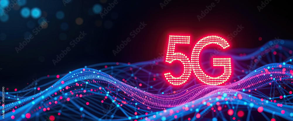 Poster 5g network technology digital wave glowing neon light connection speed internet data futuristic tech