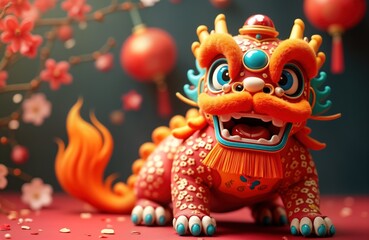 Colorful Chinese lion dance figure. Traditional design. Good fortune symbol. Vibrant colours. Celebration theme. Cultural artwork. New Year festive style. Decorative object. Mythical creature.