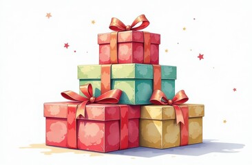 Obraz premium Merry Christmas and New Year collection. watercolor gift boxes. Perfect for Christmas invitations, Birthday invitations