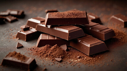 Stack of Dark Chocolate Bars with Cocoa Dusting in Rustic Close-Up
