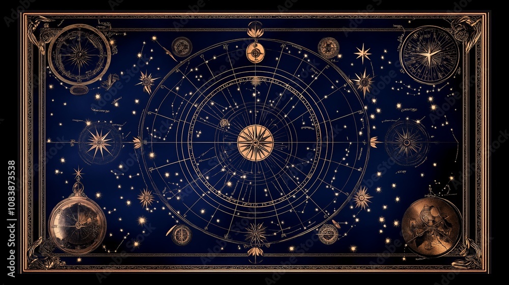 Poster Celestial Map with Constellations and Zodiac Symbols