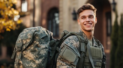 A smiling man in a military uniform is wearing a backpack