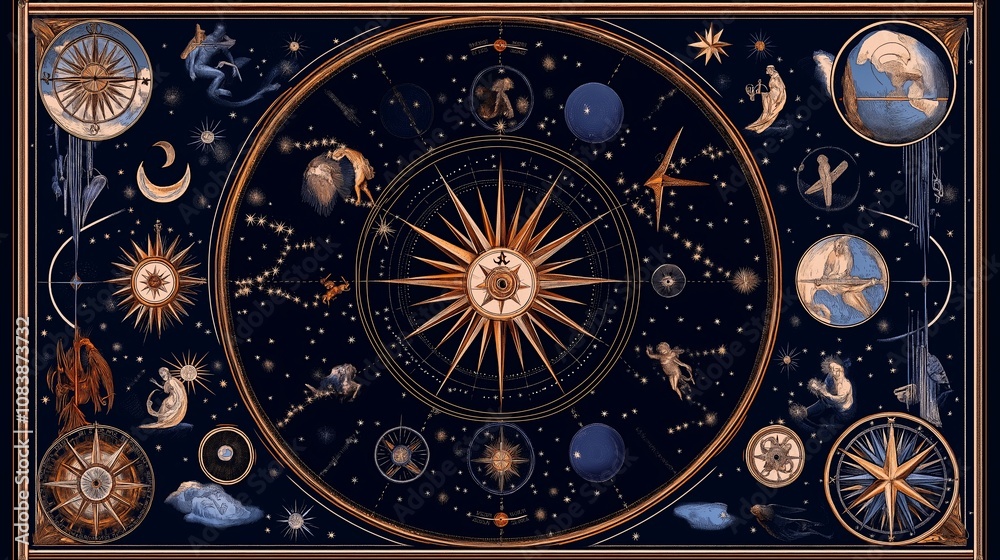 Poster Celestial Map with Constellations and Zodiac Symbols