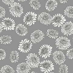 Black and white abstract floral seamless pattern on grey background. Outline monochrome sketch of chrysanthemum flower suitable for wallpapers, or fabric designs