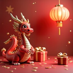 Obraz premium Cute red dragon character poses near gift boxes. Happy Chinese New Year celebration theme. Red background with gold details, lantern. Illustration for invitation card poster. Festive style for Lunar