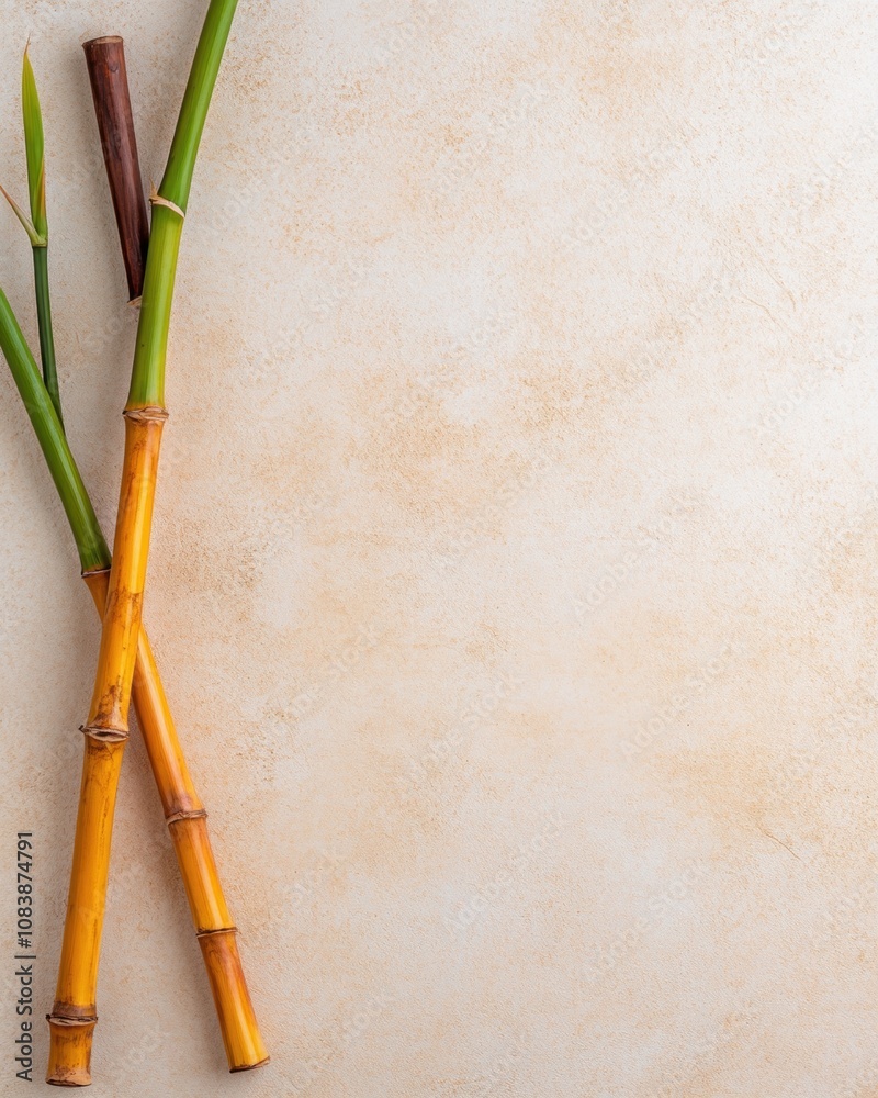 Poster bamboo stems arranged artistically on a textured abstract background for minimalist design