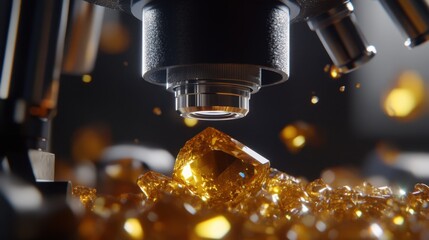 Close-Up of a Microscope Focusing on Bright Yellow Crystal Gems Surrounded by Small Shining Stones on a Dark Background for Scientific and Educational Purposes