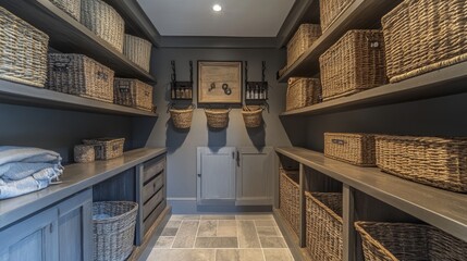 Fototapeta premium A Well-Organized Pantry with Wicker Baskets and Wood Shelves