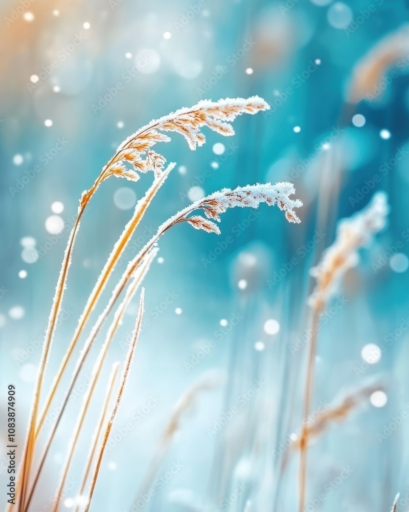 Aufkleber fluffy winter grass stalks covered in snow during gentle snowfall in a serene nature setting