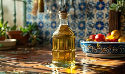 A simple, glass bottle of artisan olive oil set against a backdrop of Mediterranean tiles