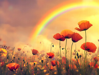 Obraz premium A vibrant field of orange poppies under a rainbow, evoking a sense of beauty and tranquility.