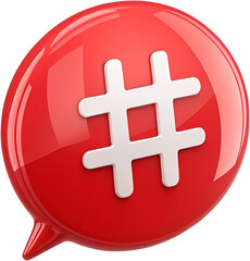 red cross button Red 3D chat bubble featuring a white hashtag symbol, representing social media, trending topics, or digital communication, isolated on a white background with a modern glossy design