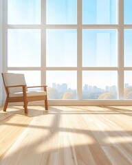 Fototapeta premium Bright Modern Living Room With Large Windows and City View Inviting Natural Light Into the Space