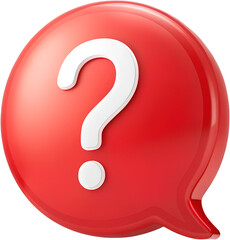 question mark icon Red 3D chat bubble with a white question mark in the center, representing inquiries, help, or uncertainty, isolated on a white background with a sleek and modern design