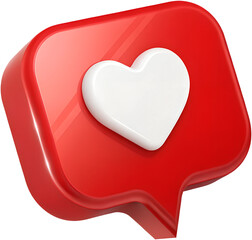 Red 3D chat bubble with a white heart icon, symbolizing love, likes, or social media engagement, isolated on a white background with a modern and glossy design