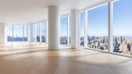 Fototapeta premium Bright Modern Living Room With Large Windows Showcasing a Stunning City View During Daytime