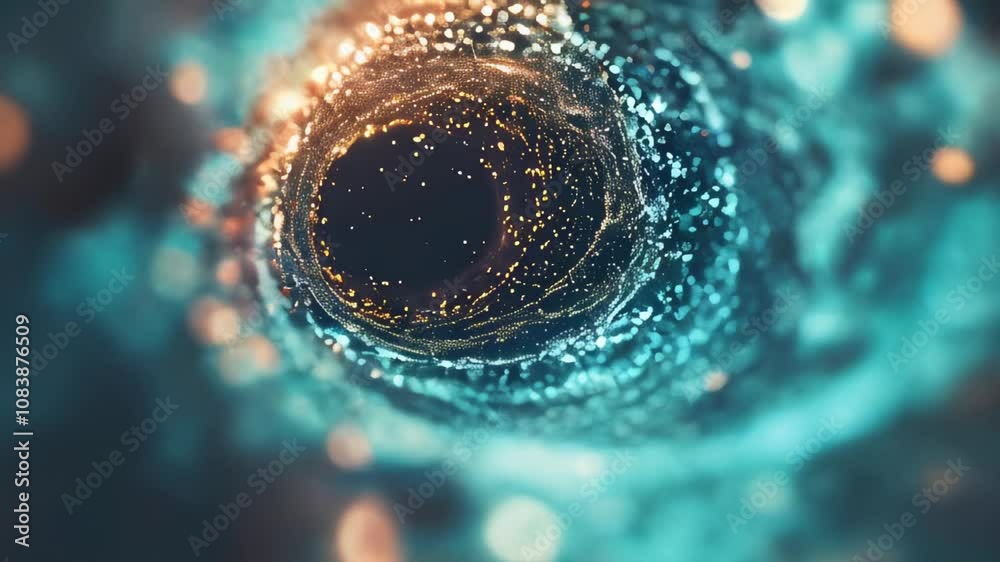 Poster a mesmerizing vortex of glowing particles spiraling inward, creating a cosmic and mysterious deep sp