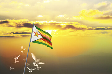 Zimbabwe flag waving with flying doves against sunset or sunrise. Zimbabwe flag for Republic Day...