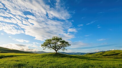 A lone tree stands in a grassy field with a clear blue sky above