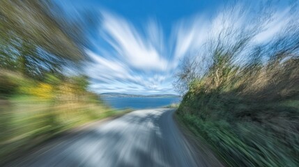 A blurred road scene with vibrant clouds and greenery, suggesting speed and motion.