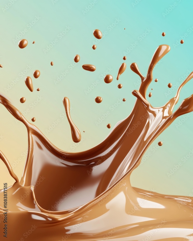 Poster chocolate splash captured in a colorful background with dynamic liquid movement and vivid detail