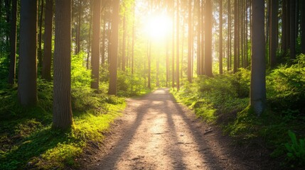 Obraz premium A path through a forest with a sun shining through the trees