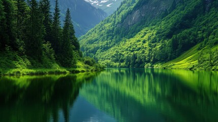Fototapeta premium A beautiful green forest with a lake in the middle