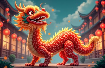 Fototapeta premium Colorful Chinese dragon costume performs dragon dance in Chinatown street during Chinese New Year. Festive celebration with traditional red costume, lanterns. Dragon dance popular culture symbol of