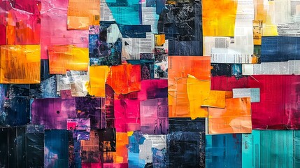 An abstract collage artwork made from torn pieces of newspaper and magazine pages in various colors and sizes, arranged asymmetrically and layered in a seemingly random pattern.