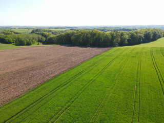 View from above of farm fields on a sunny day in spring 