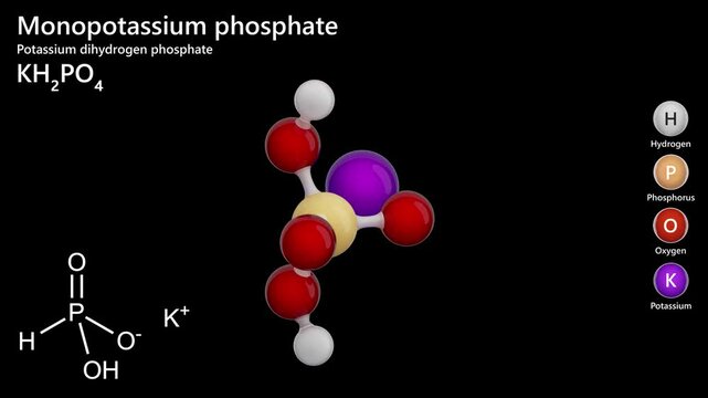 Potassium dihydrogen phosphate. Fertilizer. Animated 3D model of a molecule. Molecular formula: KH2PO4. Chemical model: Ball and sticks. Black background. 3D rendering. Seamless loop.