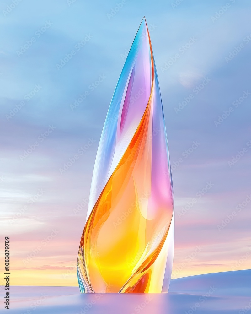Poster futuristic cristal skyscraper against a vibrant sunset skyline with unique architecture