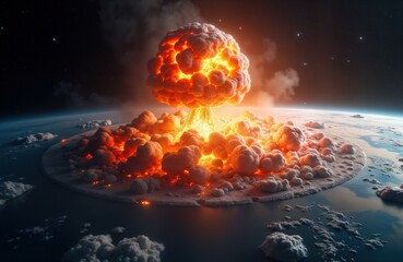 Huge nuclear bomb explodes on Earth surface. Massive fiery mushroom cloud rises. Destruction, devastation visible. Global catastrophe. Apocalyptic scene from space. Earth under attack. Planet in