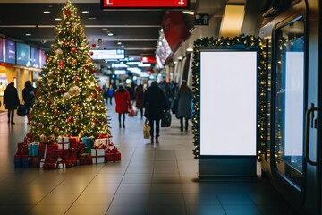 Blank billboard advertising panel with christmas tree in shopping mall