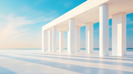 Fototapeta premium Modern Architectural Structure With White Columns by the Sea During a Serene Sunset in Summer