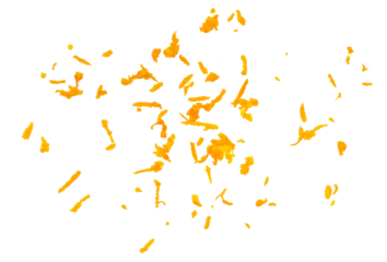 Fresh grated orange peel flying isolated on white, top view