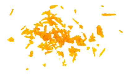 Fresh grated orange peel isolated on white, top view