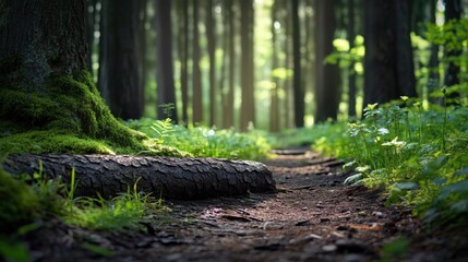 A forest path with a mossy log on the ground