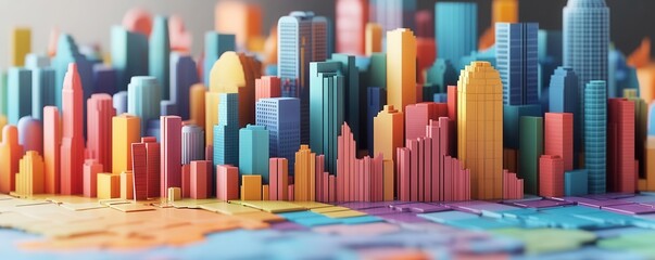 Obraz premium A vibrant, colorful 3D city skyline model showcasing various architectural designs and structures, set against a map background.