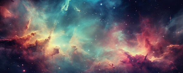 Obraz premium Stunning cosmic nebula with vibrant colors and swirling clouds in a star-filled galaxy