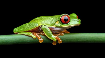 Obraz premium A vibrant red-eyed tree frog perches gracefully on a green stem against a striking dark blue backdrop, showcasing nature's brilliance