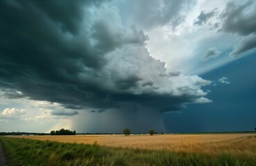 Dramatic storm clouds gather over golden field. Dark ominous clouds loom over rural landscape. Powerful storm system approaches. Wheat field stretches to horizon. Green grass border field. Summer