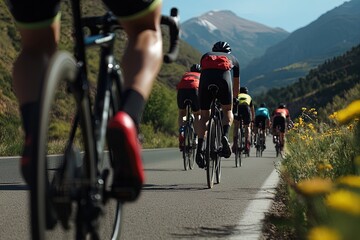 Fototapeta premium Cyclists Ride on a Winding Mountain Road During a Sunny Day in the Countryside