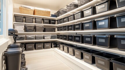 Fototapeta premium Organized Pantry with Black Storage Bins and White Shelves