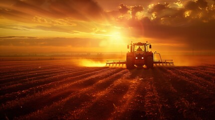 Fototapeta premium Tractor spraying crops on a vast farm during sunset, agriculture and rural farming lifestyle