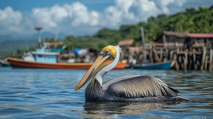 Pelican Floating Near Dock with Fishing Boats in Background